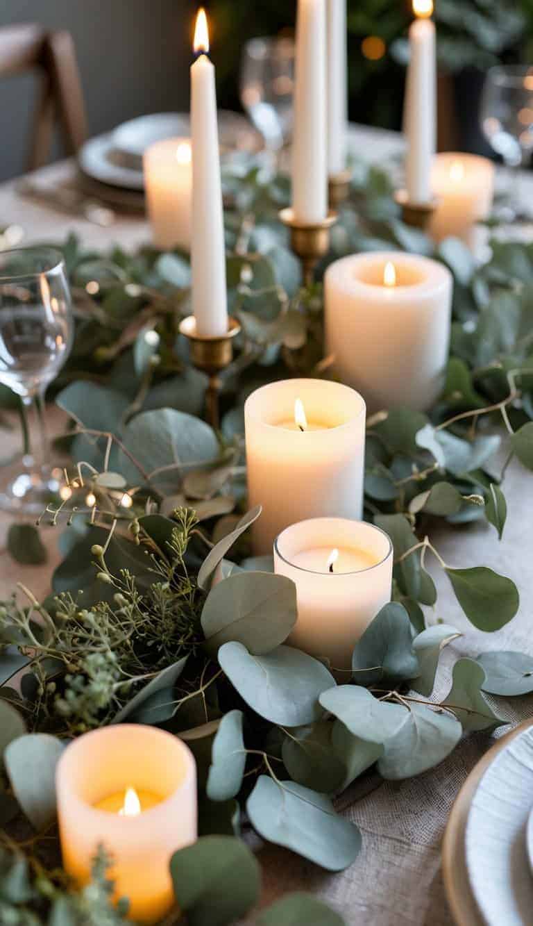 A table decorated with glowing candles and eucalyptus greenery arranged as a centerpiece.