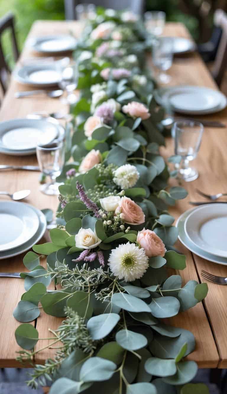 A wooden dining table decorated with a eucalyptus garland woven with fresh flowers and set with plates and glassware.