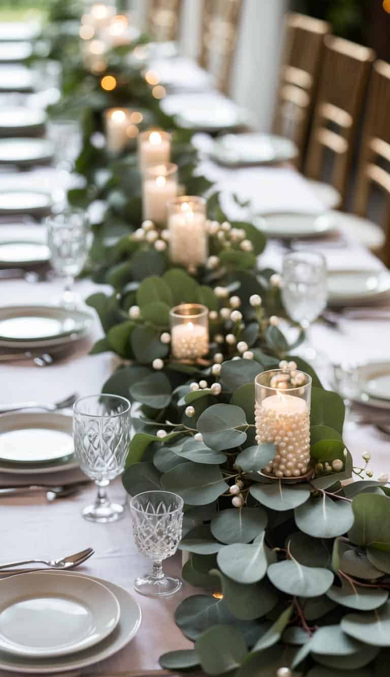Wedding table decorated with eucalyptus leaves and pearl accents arranged along the center, surrounded by white plates, glassware, and silver cutlery.
