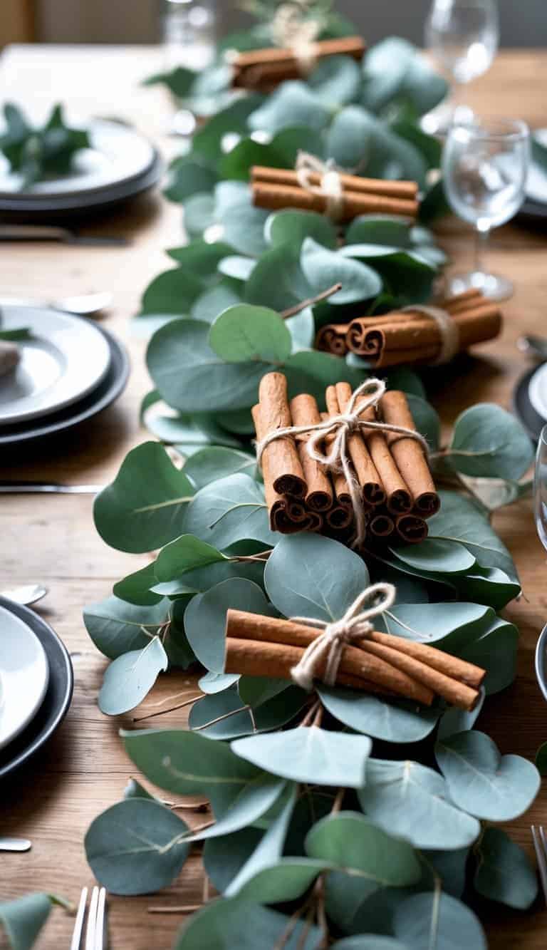 A wooden table decorated with eucalyptus branches and bundles of cinnamon sticks, set with white plates and clear glasses.