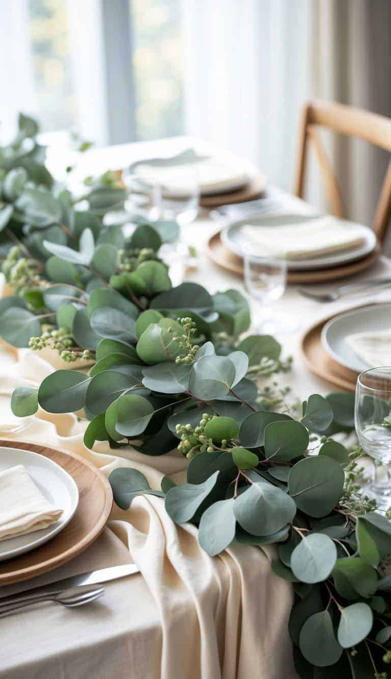 A dining table set with cream-colored tablecloths and eucalyptus greenery arranged down the center, with plates, glasses, and cutlery.