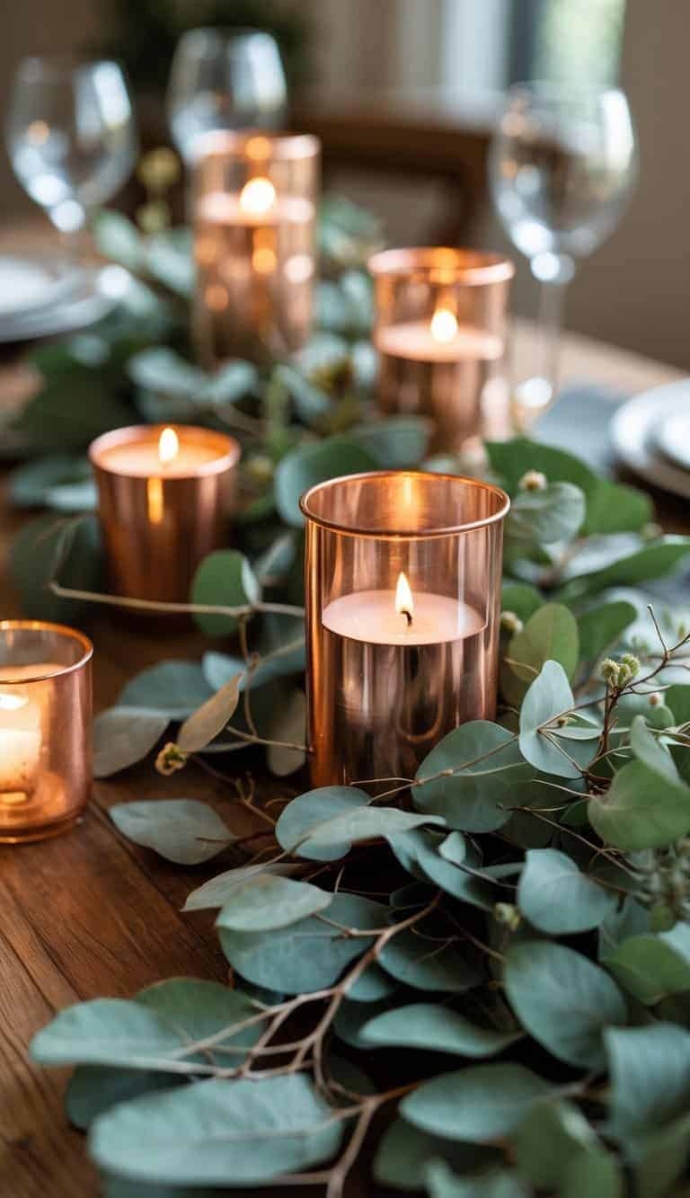 Copper candle holders surrounded by fresh eucalyptus branches on a wooden table.