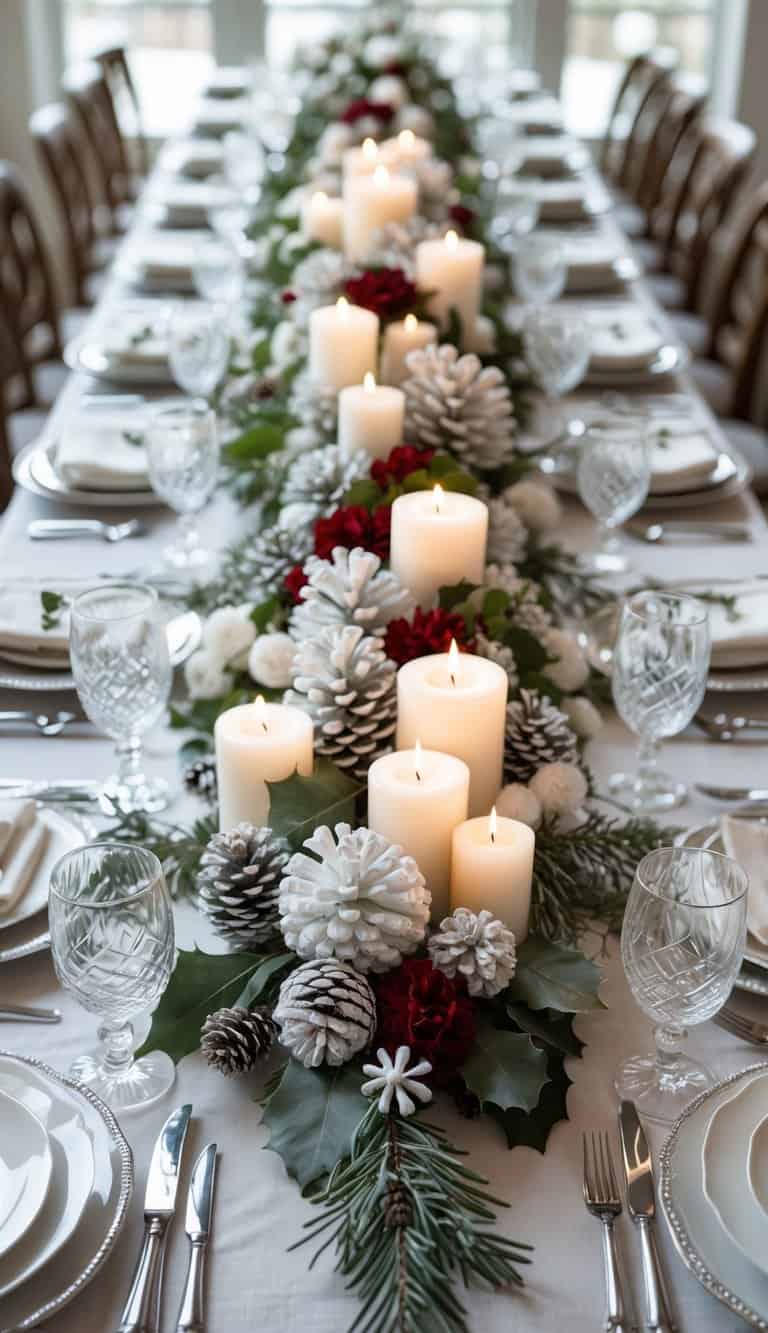 A winter wedding dining table set with plates, glasses, cutlery, candles, and floral centerpieces.