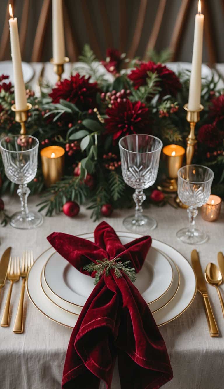 A winter wedding dining table set with deep red velvet napkins, gold cutlery, white plates, glasses, candles, and floral centerpieces.