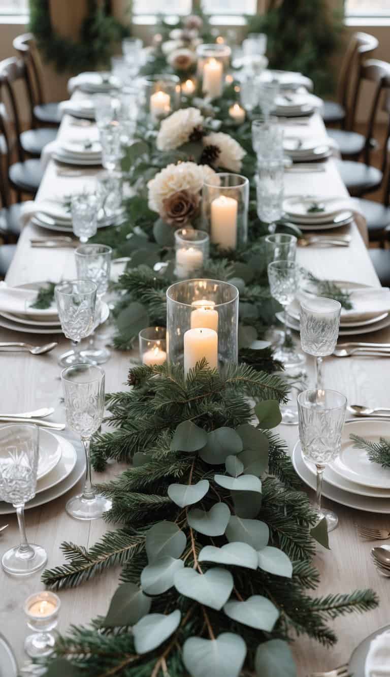 A winter wedding dining table decorated with eucalyptus and fir garlands, plates, glasses, cutlery, floral arrangements, and candles.