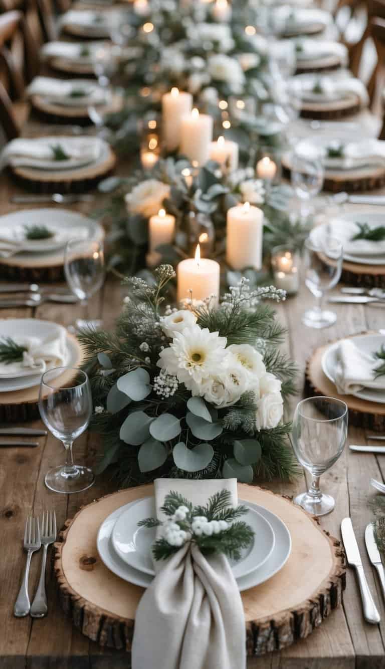 A long wooden dining table set for a winter wedding with wooden slab chargers, white plates, glasses, cutlery, floral centerpieces, and lit candles.