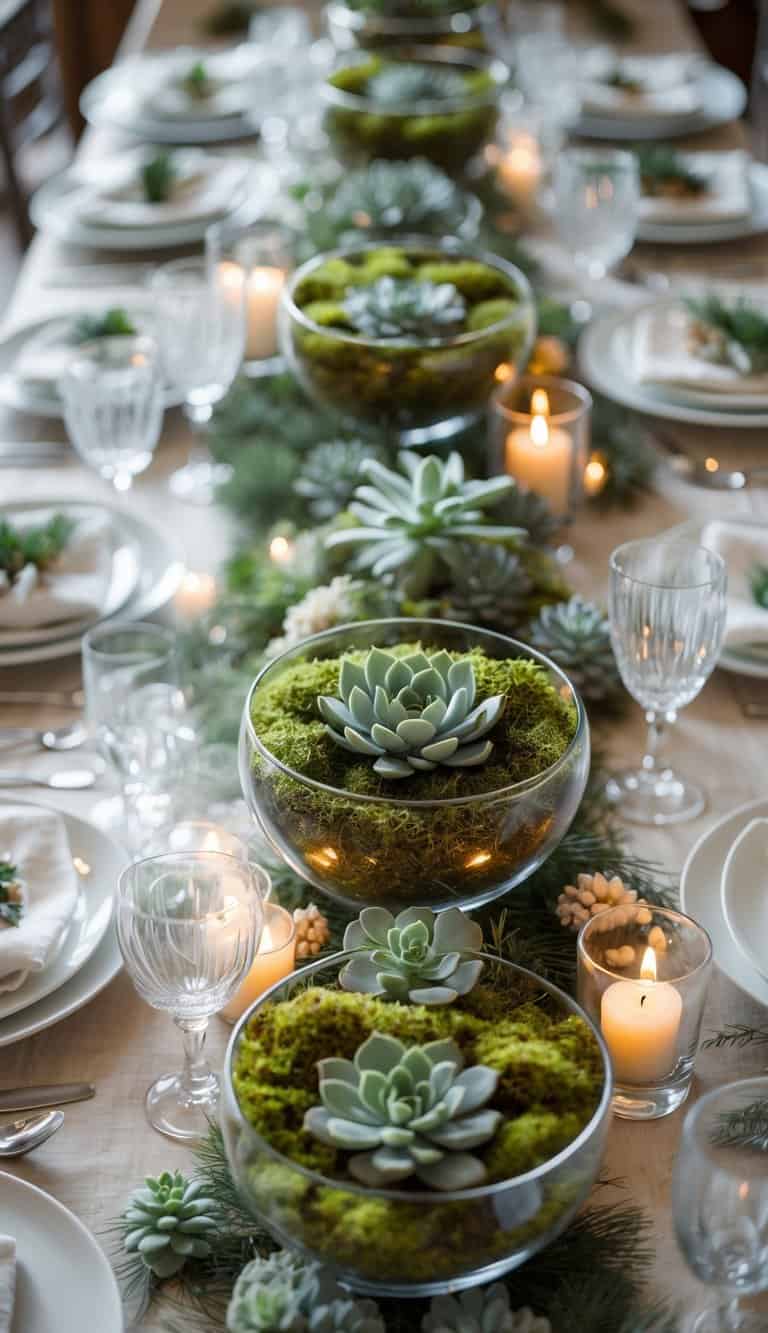 A wedding dining table set with plates, glasses, cutlery, clear glass bowls filled with moss and succulents, candles, and seasonal flowers.