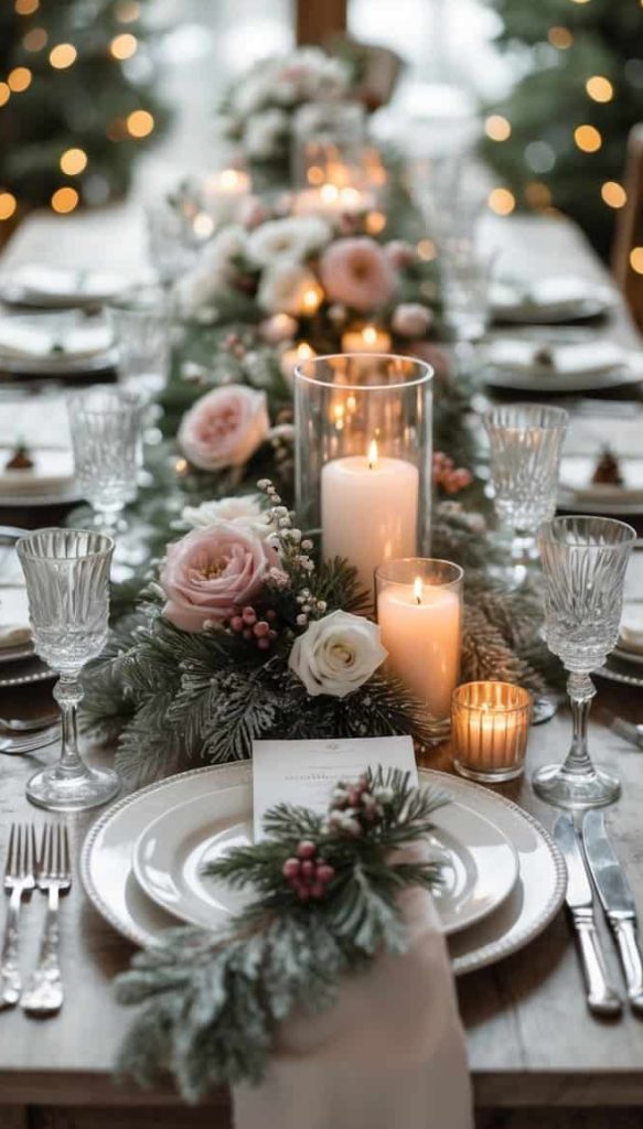 Elegant dining table set with white plates, crystal glasses, candles, and a floral centerpiece featuring roses and greenery, with twinkling lights and trees in the background.