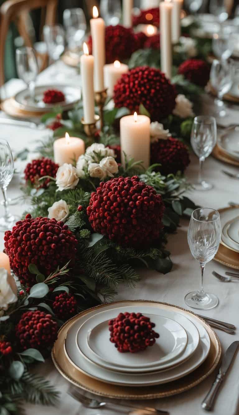 A winter wedding dining table set with plates, glasses, cutlery, red berry clusters, floral centerpieces, and candles.