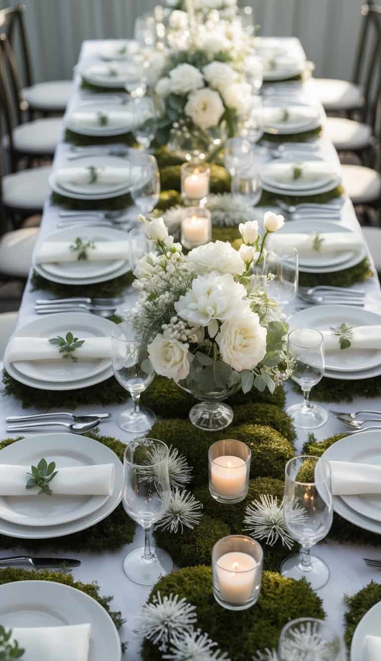 A winter wedding dining table set with plates, glasses, cutlery, floral centerpieces, candles, and faux snow-dusted moss mats under natural light.