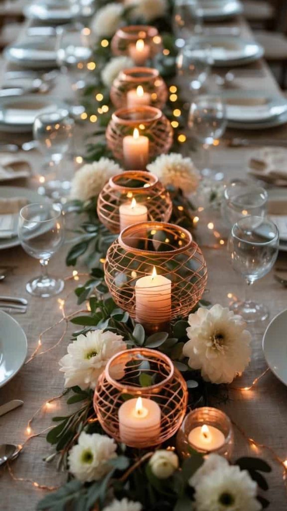A long dining table set with plates, glasses, beige napkins, white flowers, greenery, and lit candles in decorative holders, with string lights running down the center.