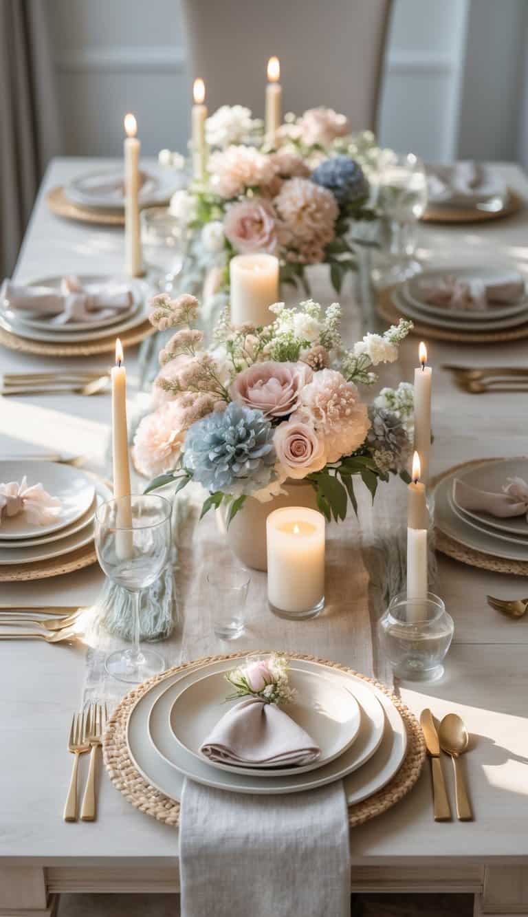 A dining table set for a gender reveal event with neutral-toned dinnerware, pastel floral centerpieces, and lit candles under natural daylight.