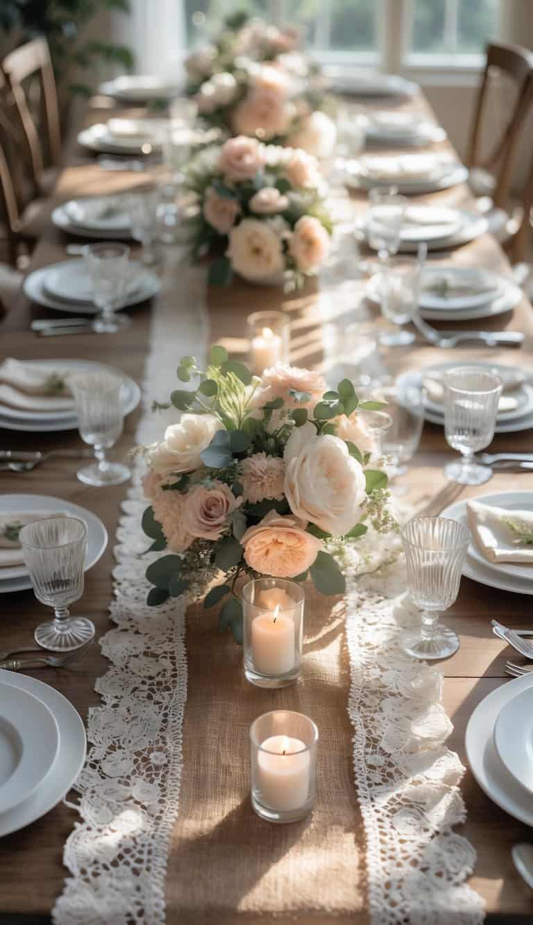 A dining table set with plates, cutlery, glasses, a burlap and lace runner, floral centerpieces, and lit candles in natural daylight.