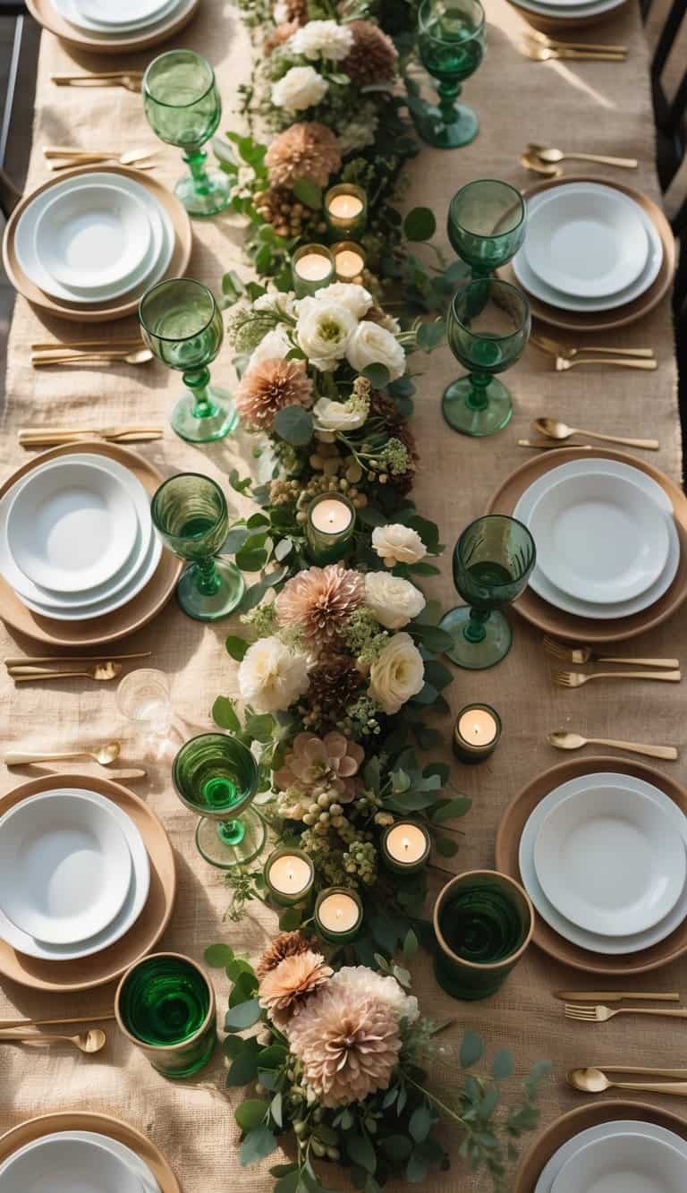 A full dining table set with green-tinted glassware, white plates, cutlery, a burlap runner, floral centerpiece, and lit candles under natural daylight.