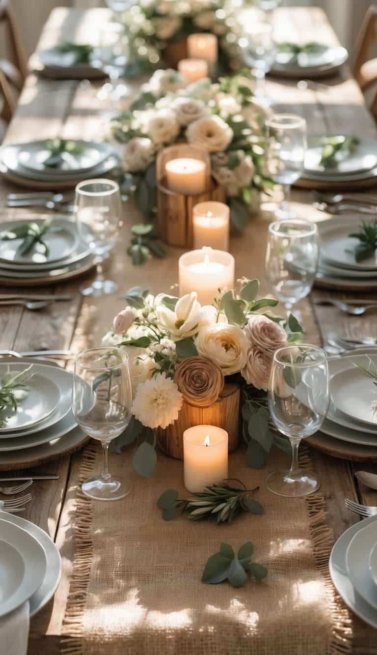 A dining table set with plates, glasses, cutlery, floral centerpieces, and candles, arranged in natural daylight.