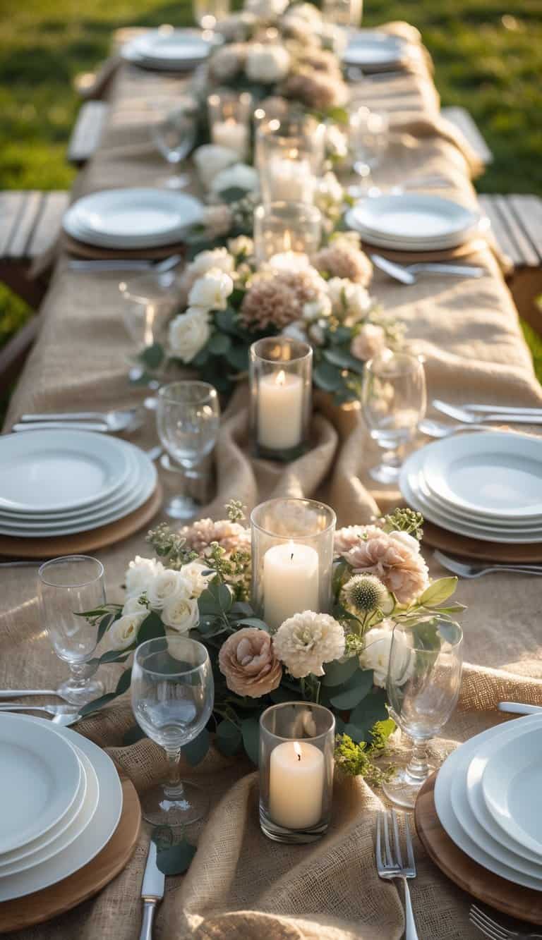 Outdoor picnic table covered with burlap, set with plates, glasses, cutlery, floral centerpieces, and candles.