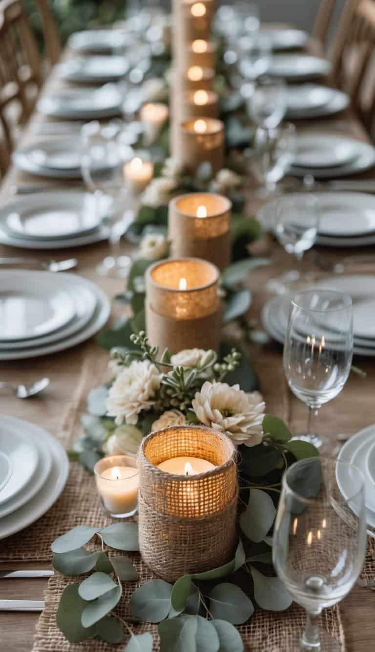 A dining table set with plates, glasses, cutlery, burlap-wrapped votive candles, and floral centerpieces under natural light.