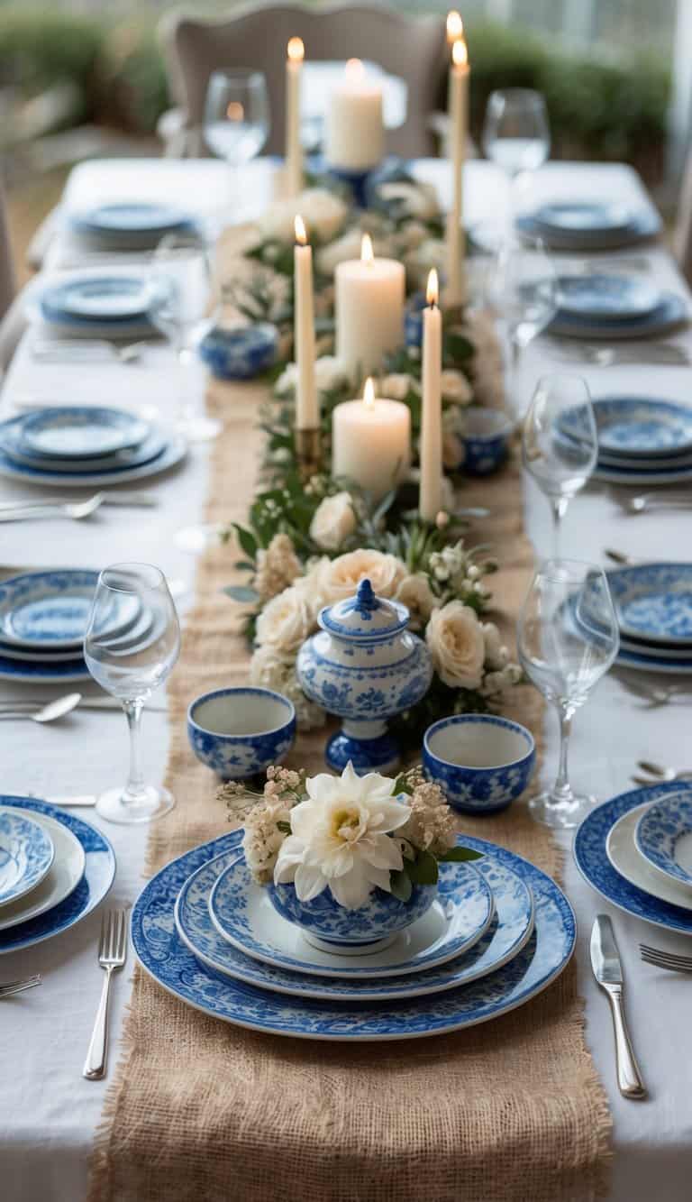 A dining table set with blue ceramic plates, burlap runner, candles, and floral centerpieces under natural daylight.