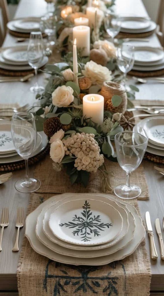 A dining table set with plates, wine glasses, cutlery, and a centerpiece of candles, flowers, and greenery on a burlap runner.