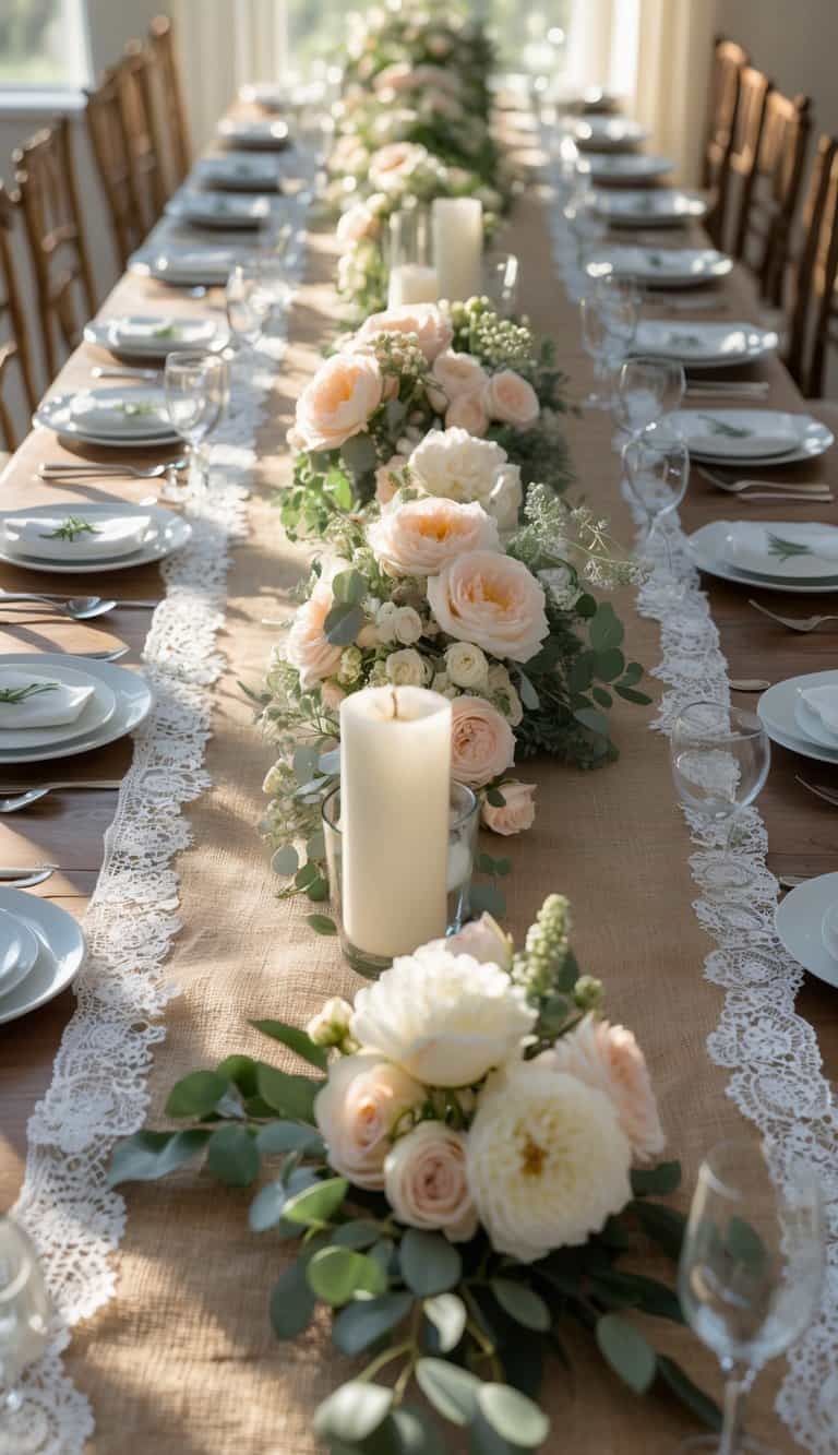 A dining table set with plates, glasses, cutlery, floral centerpieces, and candles, covered with burlap and lace overlays.