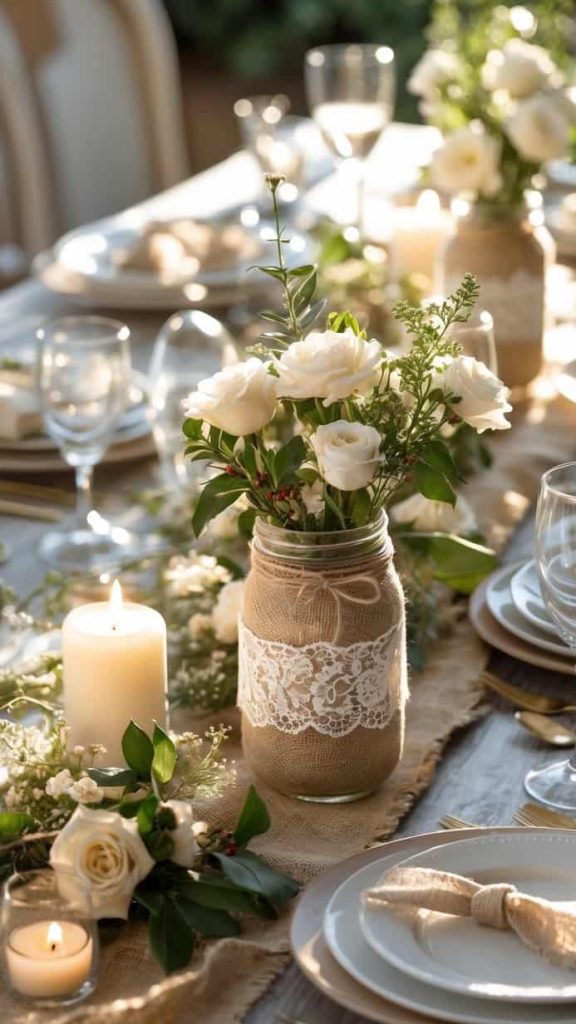 A rustic table setting with white roses in lace-wrapped jars, lit candles, white plates, glassware, and beige napkins arranged on a wooden table.