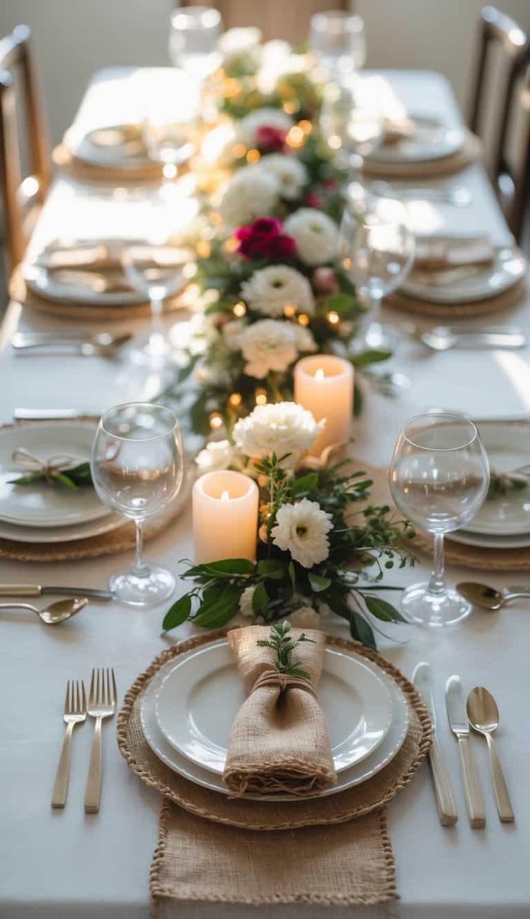 A dining table set with plates, glasses, cutlery, burlap coasters, floral centerpieces, and candles, illuminated by natural light.