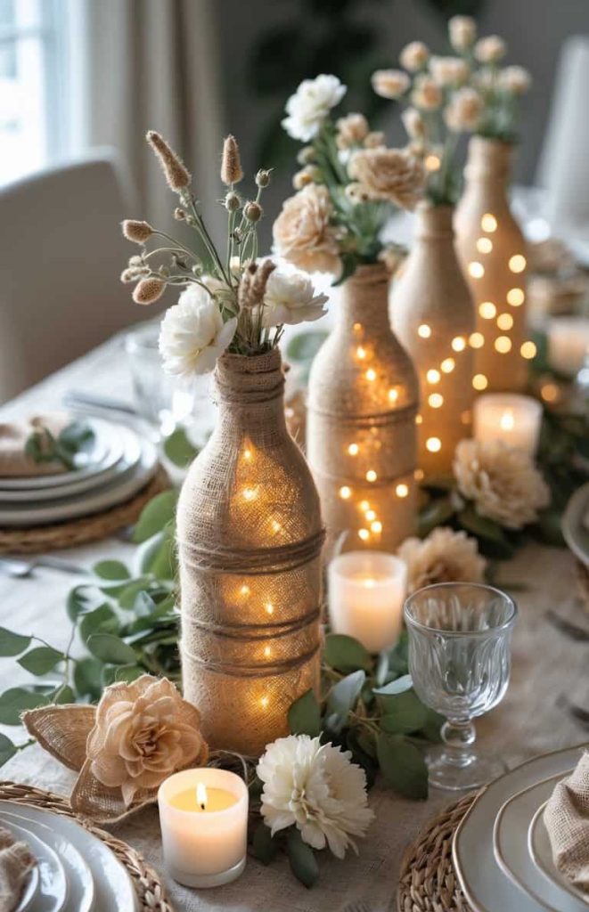 A dining table decorated with burlap-wrapped bottles filled with fairy lights and flowers, surrounded by candles, greenery, and neutral-toned place settings.