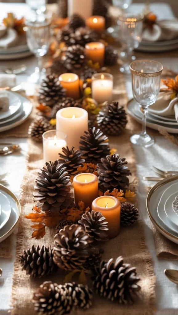 A dining table set with plates, glasses, and silverware, featuring a centerpiece of pinecones, candles, and autumn leaves on a burlap runner.