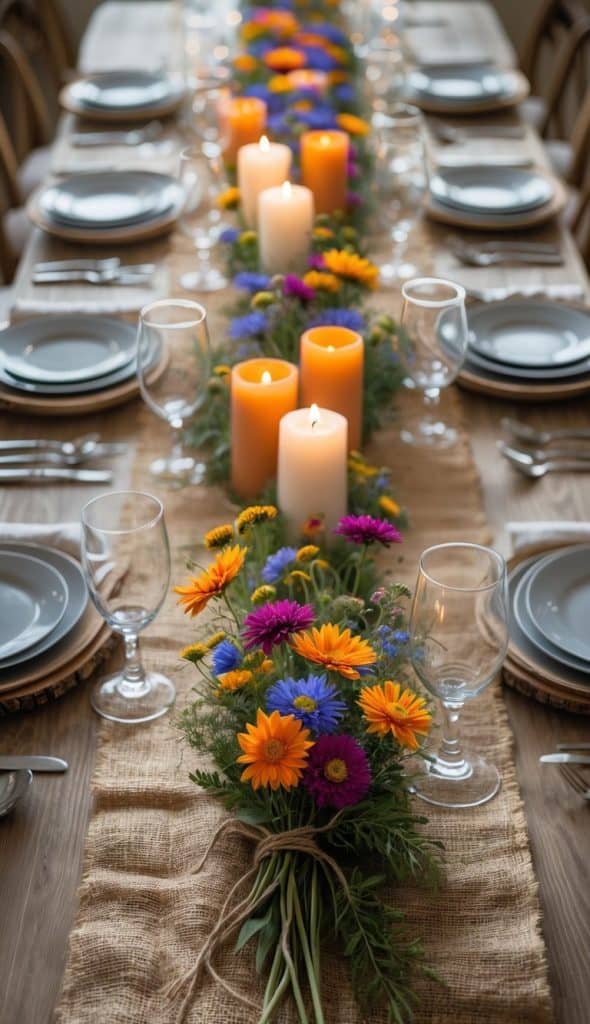 A wooden table set with plates, glasses, and cutlery features a burlap runner, bright orange and purple flowers, and several lit pillar candles as the centerpiece.