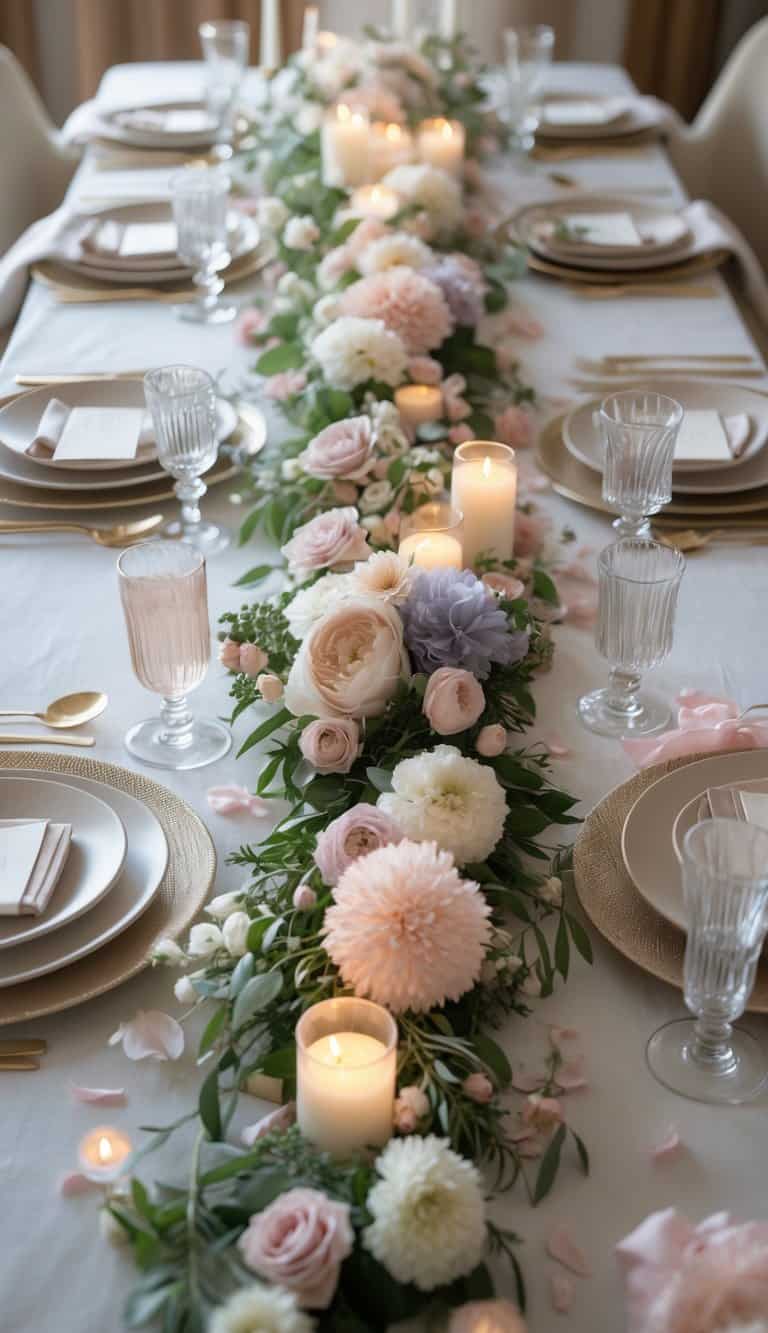 A long dining table set with plates, glasses, and napkins, decorated with white and pastel flowers, greenery, and lit candles in the center.