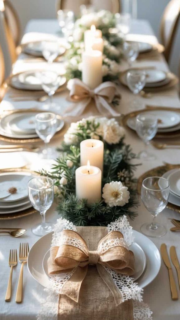 A formal dining table set with white plates, gold cutlery, glasses, candles, and floral centerpieces, featuring decorative bows on napkins.