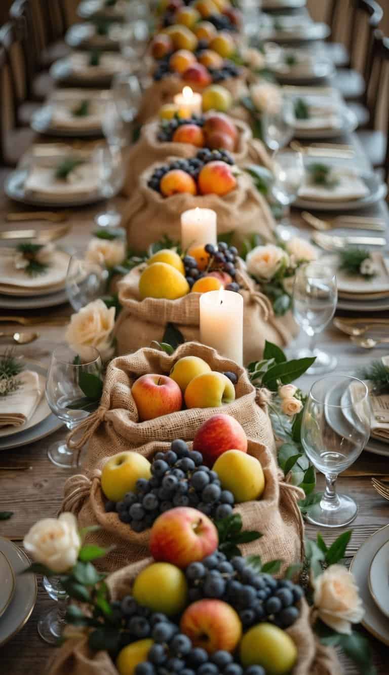 A dining table set with plates, glasses, cutlery, burlap sacks filled with seasonal fruits, candles, and floral centerpieces under natural light.