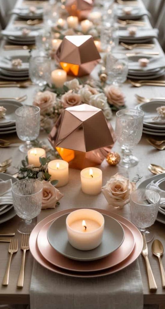 Elegant dining table set with gold cutlery, white plates, glassware, candles, pale pink roses, and geometric rose-gold centerpieces on a neutral tablecloth.