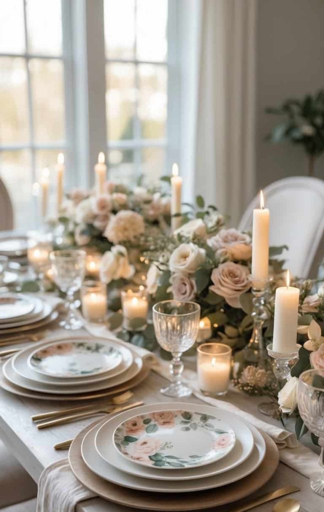 Elegant table set with floral plates, gold cutlery, crystal glasses, candles, and a centerpiece of roses and greenery in a softly lit room.