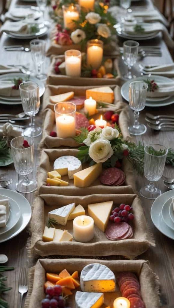A long dining table set with candles, floral arrangements, glassware, and plates of assorted cheeses, meats, and grapes, ready for a formal meal.
