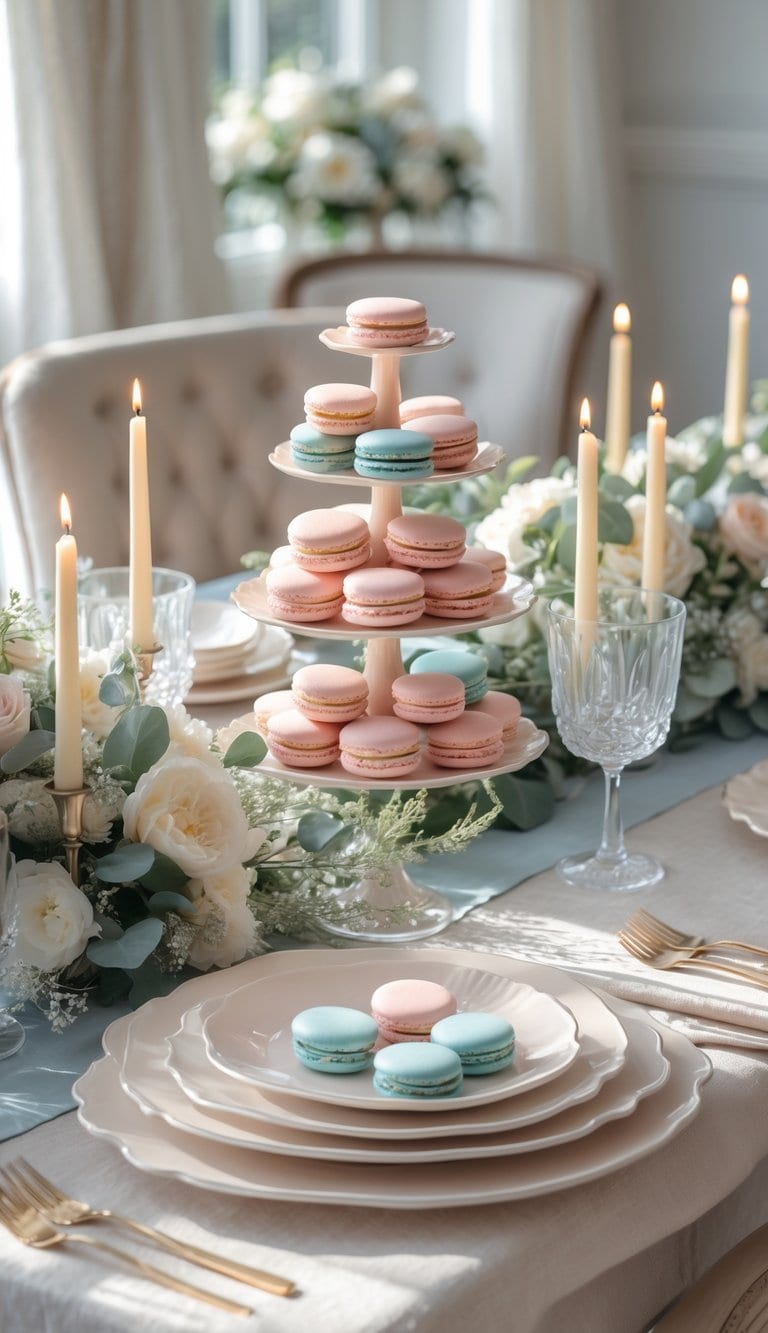 A dining table set with neutral-toned dinnerware, pastel pink and blue macarons on tiered stands, floral arrangements, and lit candles under natural light.
