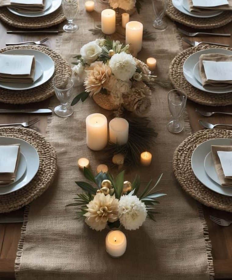 A dining table set with plates, cutlery, glasses, and napkins, decorated with candles and white floral arrangements on a burlap table runner.