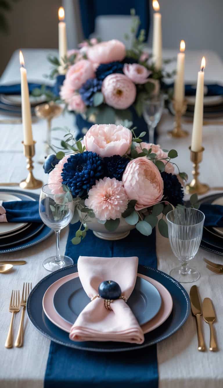 A dining table set with navy blue and blush pink flowers, candles, dinnerware, and glassware arranged neatly for a gender reveal event.