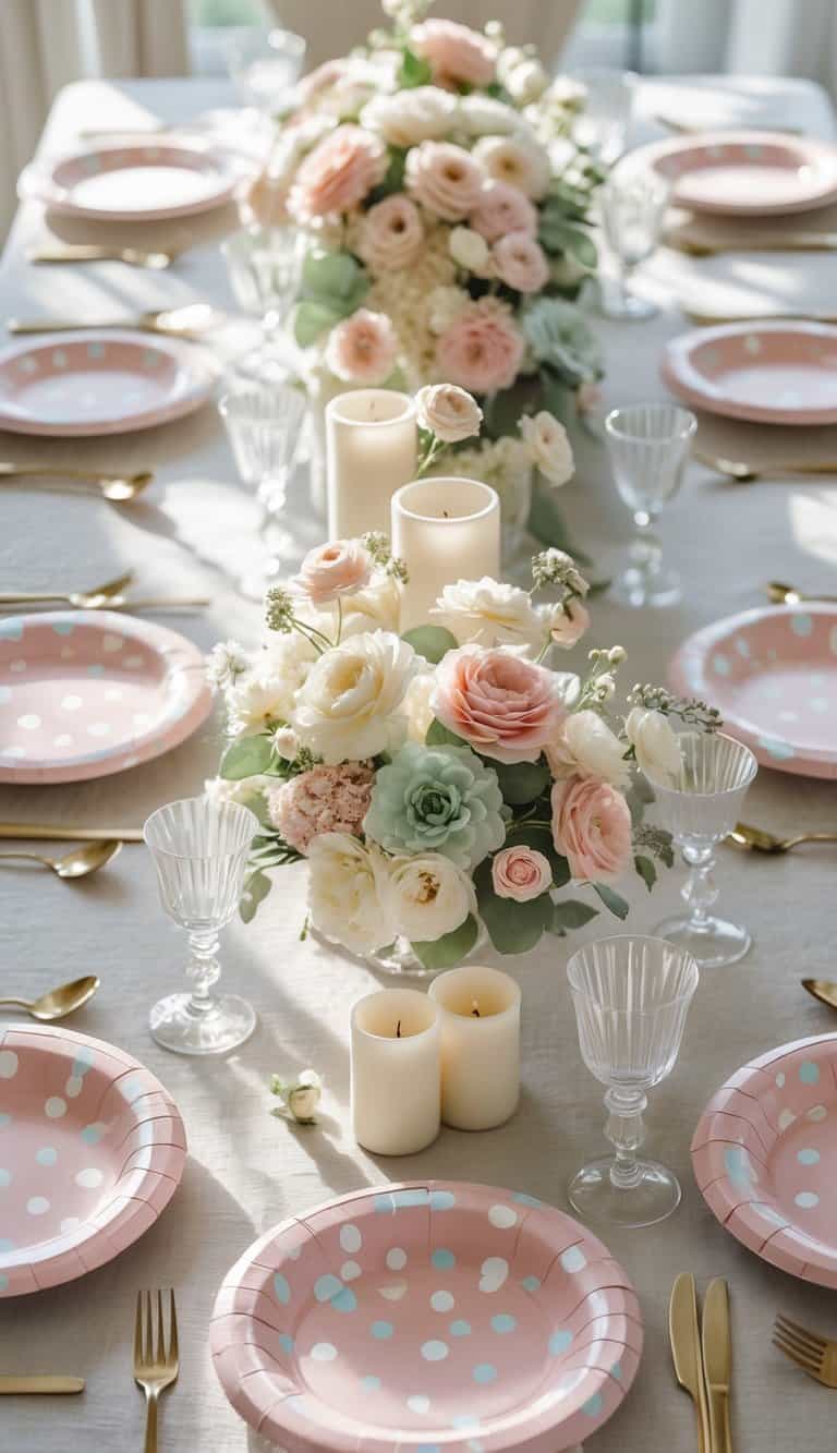 A dining table set with pastel polka dot paper plates, neutral-toned tablecloth, floral centerpieces, and candles lit by natural light.