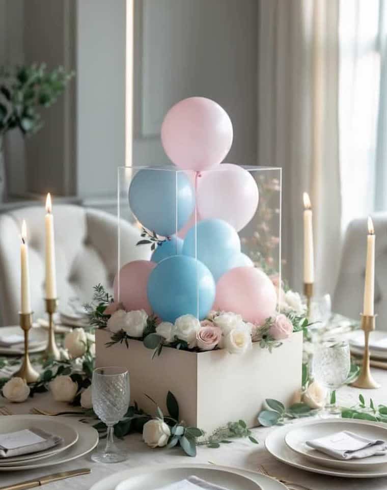A table centerpiece with pink and blue balloons in a clear box, surrounded by flowers and candles, set for a formal meal with neatly arranged plates and glassware.