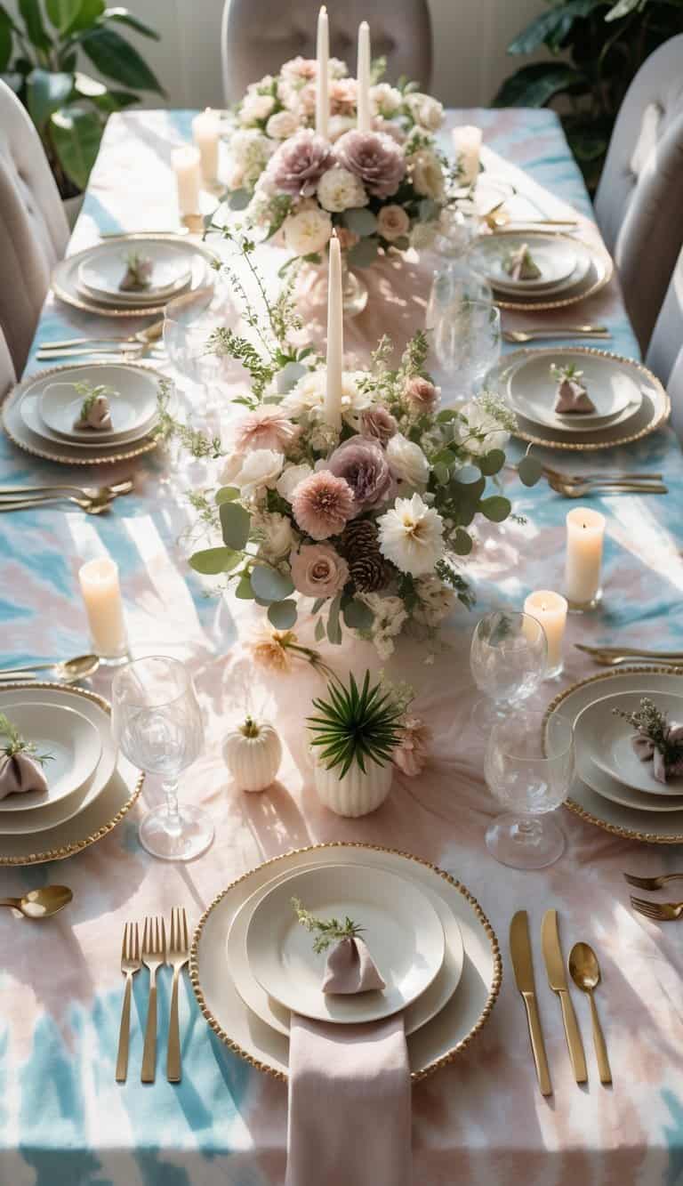 A dining table set with a pastel tie-dye tablecloth, neutral-toned dinnerware, floral centerpieces, and candles, illuminated by natural light.