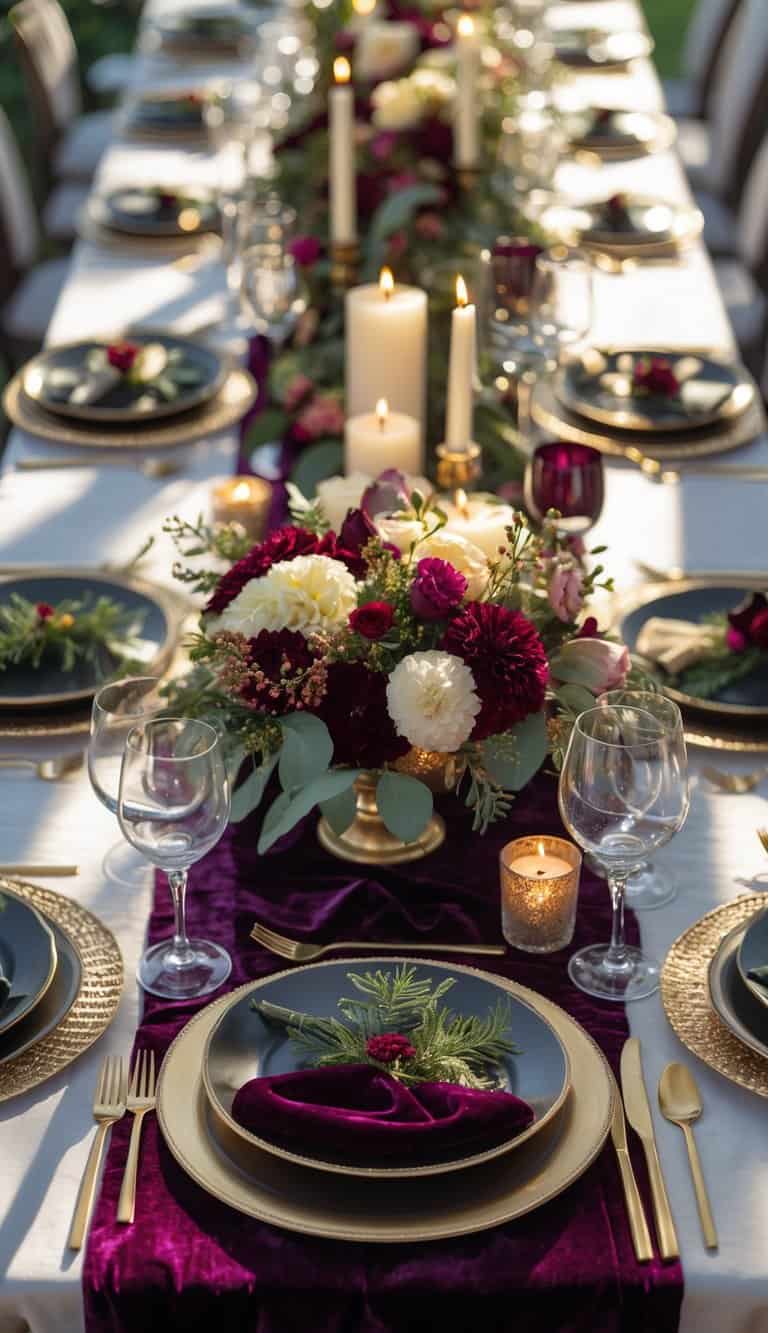 A dining table set for a holiday event with velvet tablecloths, floral centerpieces, candles, and elegant dinnerware under natural light.