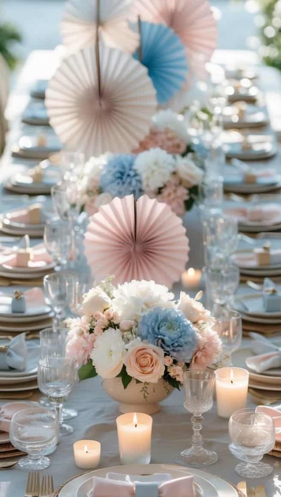 A long banquet table is set with white plates, pink and blue napkins, candles, glassware, and floral centerpieces featuring pastel flowers and paper fans.