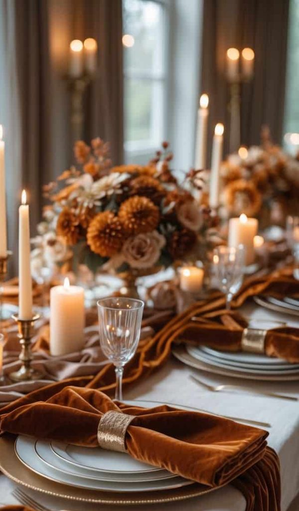 Elegant dining table set with gold-rimmed plates, amber napkins, crystal glasses, candlesticks, and autumn floral arrangements, all arranged on a white tablecloth.