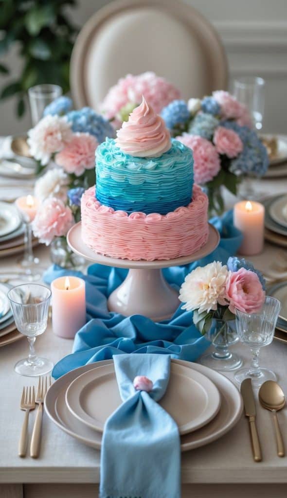 A two-tier pink and blue frosted cake sits on a stand, surrounded by flowers, candles, and neatly arranged tableware on a decorated dining table.