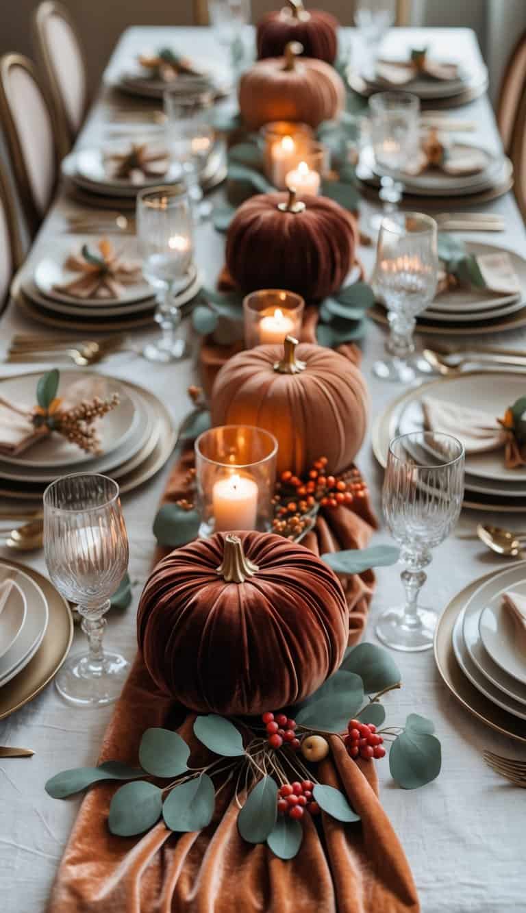 A dining table set with velvet pumpkins, autumn flowers, candles, and dinnerware arranged for a fall holiday gathering.