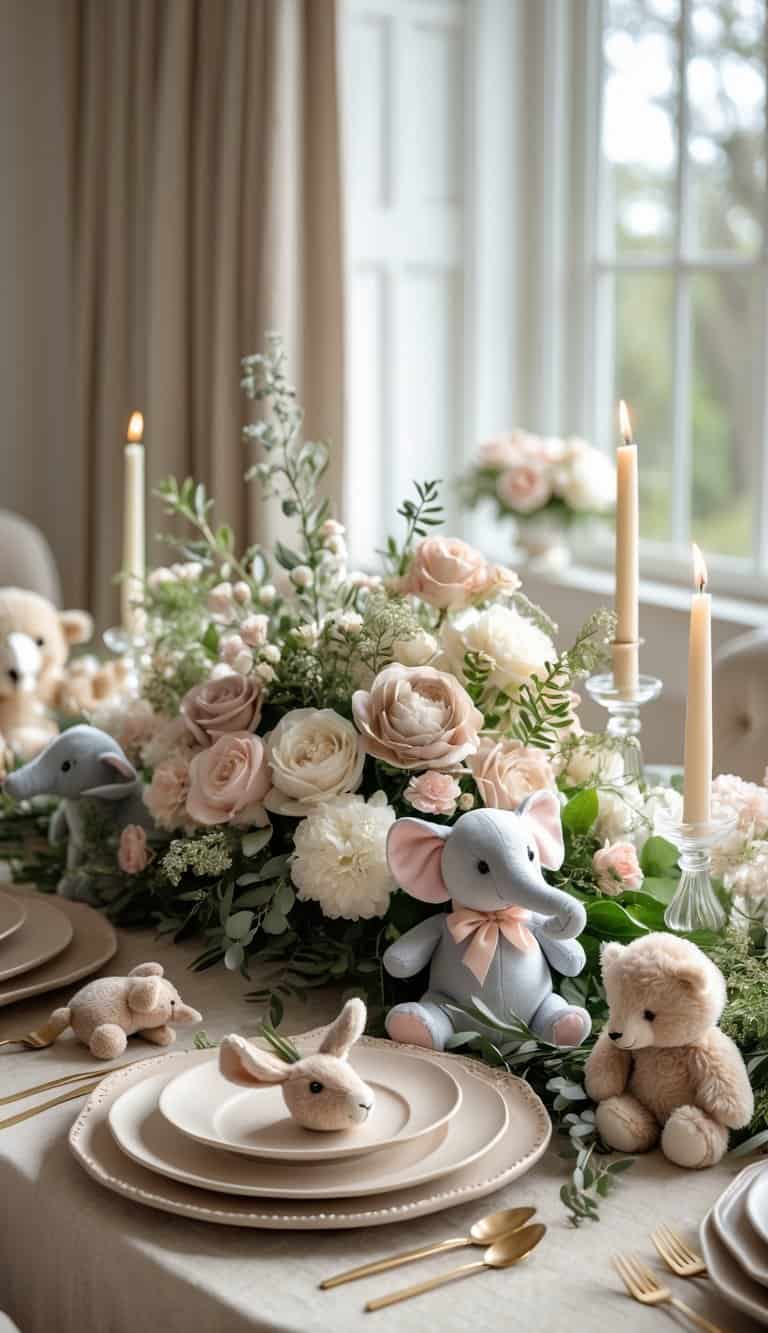 A dining table set for a gender reveal event with neutral-toned dinnerware, plush animal toys, floral centerpieces, and candles under natural light.