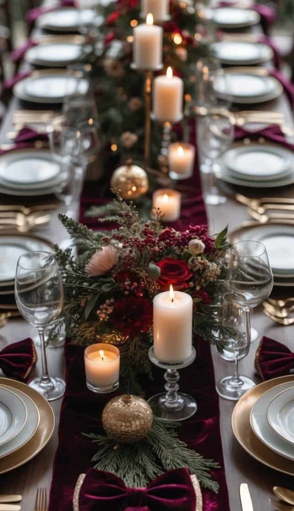 A long dining table set with gold-rimmed plates, gold cutlery, wine glasses, candles, and festive floral centerpieces on a burgundy velvet runner.