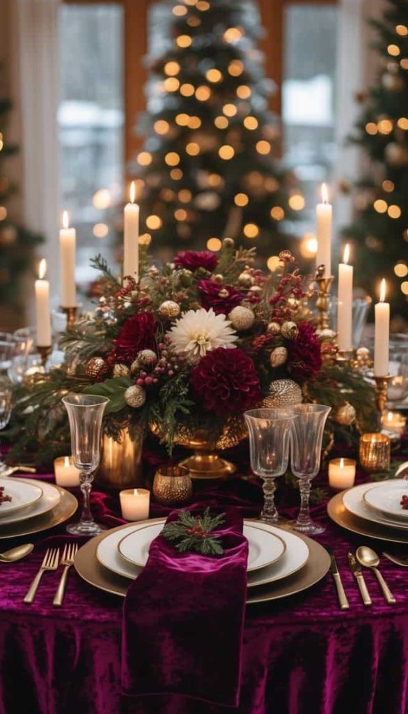 A formal dining table is set with gold flatware, glassware, a burgundy velvet tablecloth, floral centerpiece, candles, and holiday decorations, with lit trees in the background.