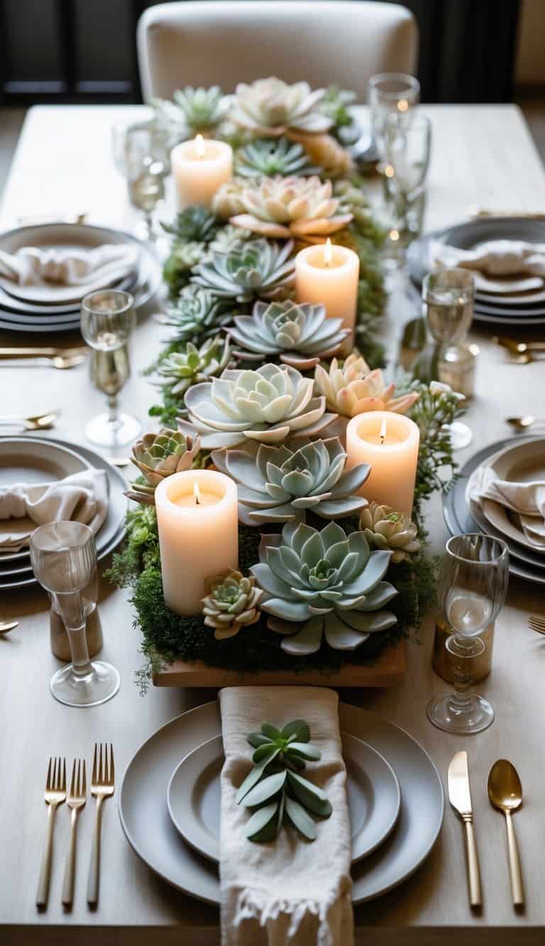A dining table set with neutral-toned dinnerware, a succulent and floral centerpiece, and lit candles under natural light.